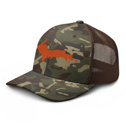 Michigan Upper Peninsula Camo Trucker Hat (w/ Orange UP Outline)