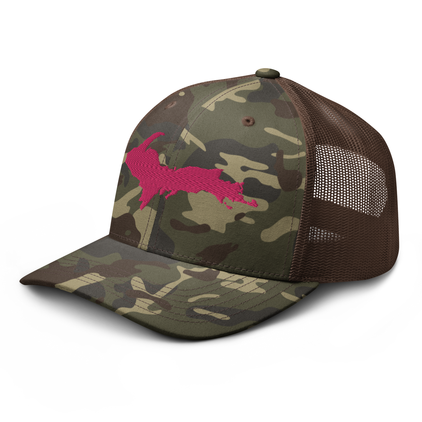 Michigan Upper Peninsula Camo Trucker Hat (w/ Pink UP Outline)