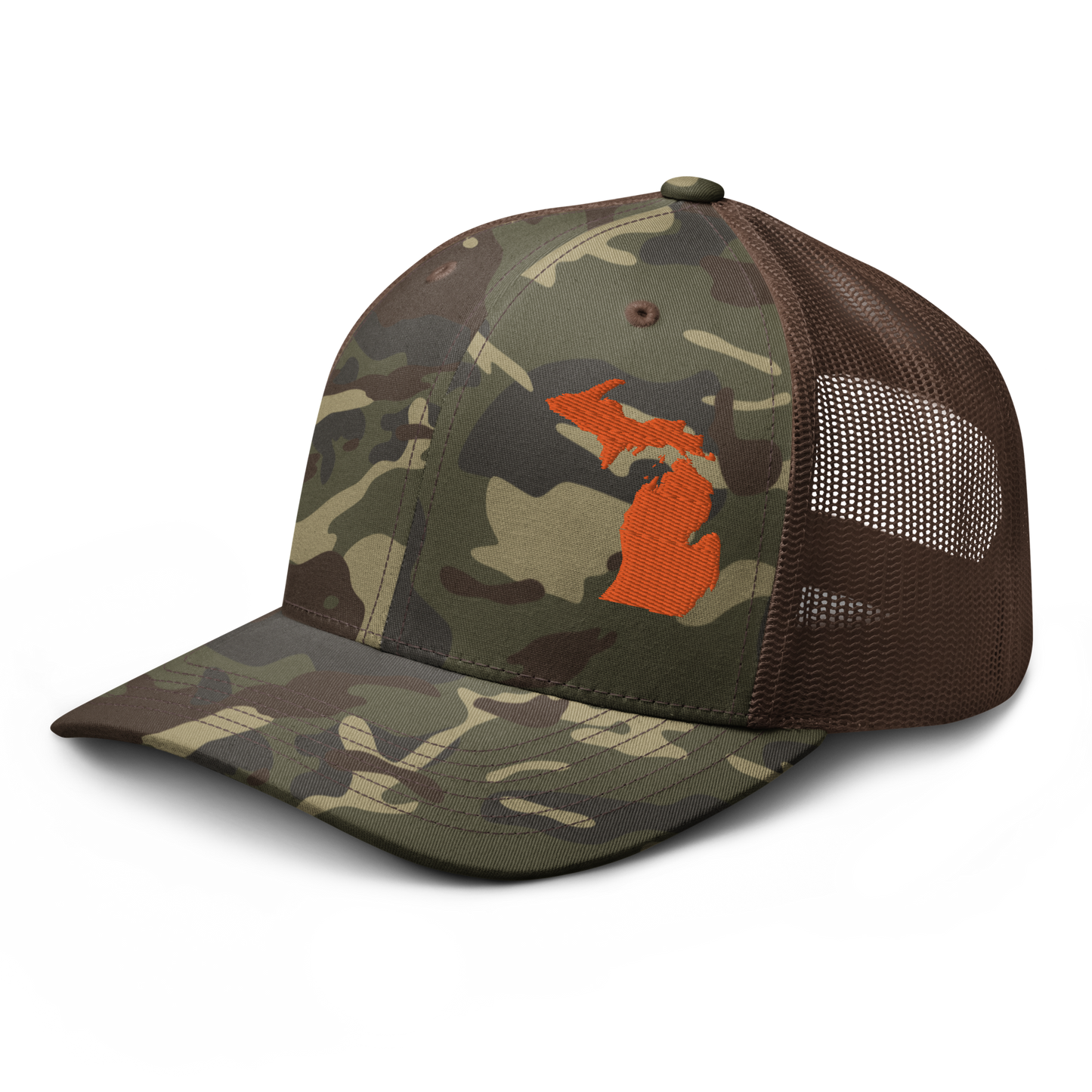 Michigan Camo Trucker Hat | Orange Outline