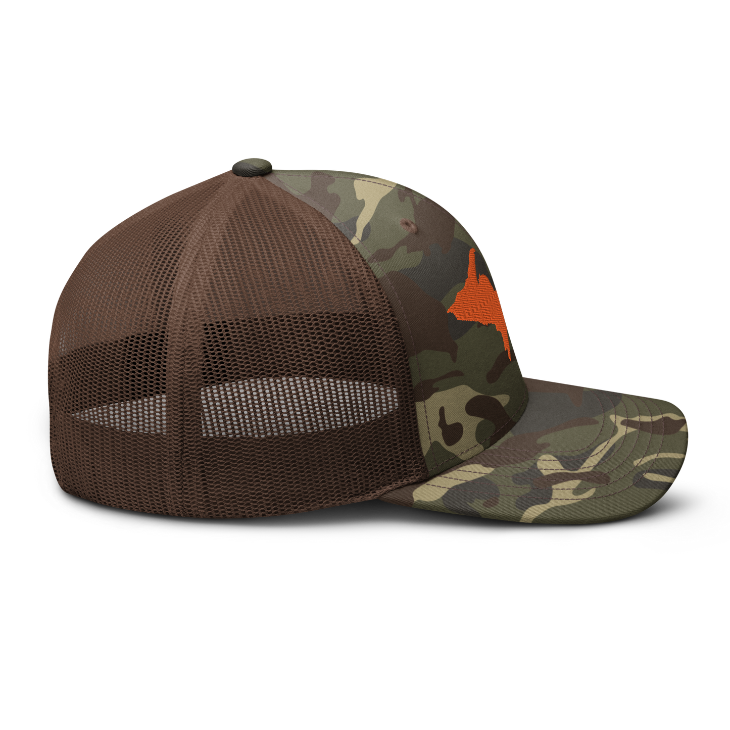 Michigan Upper Peninsula Camo Trucker Hat (w/ Orange UP Outline)