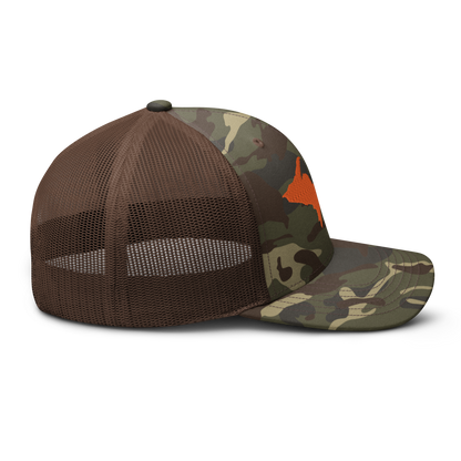 Michigan Upper Peninsula Camo Trucker Hat (w/ Orange UP Outline)