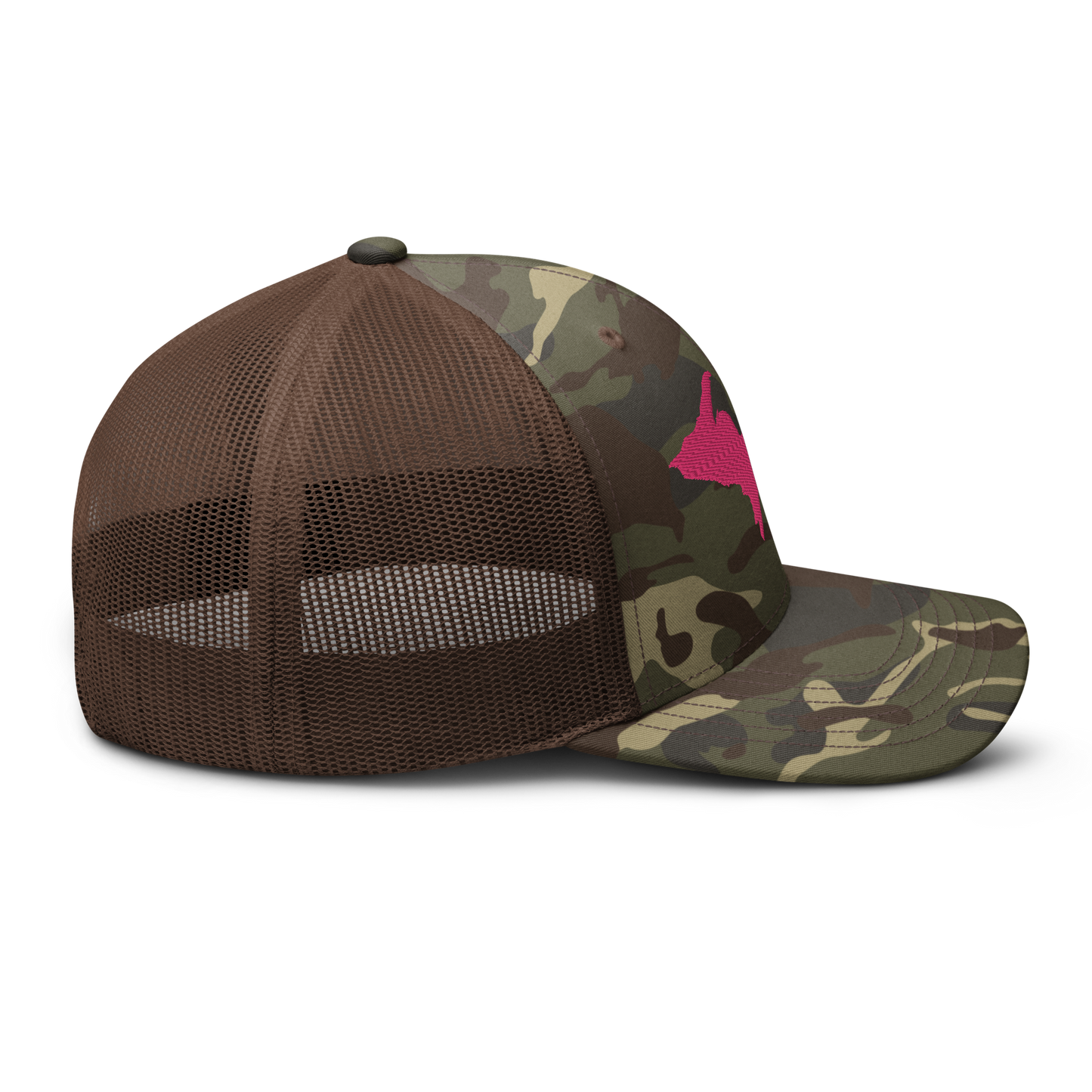 Michigan Upper Peninsula Camo Trucker Hat (w/ Pink UP Outline)