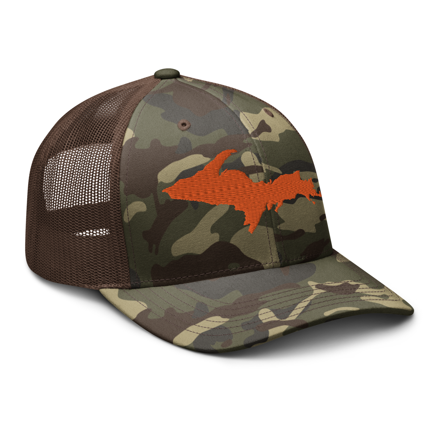 Michigan Upper Peninsula Camo Trucker Hat (w/ Orange UP Outline)