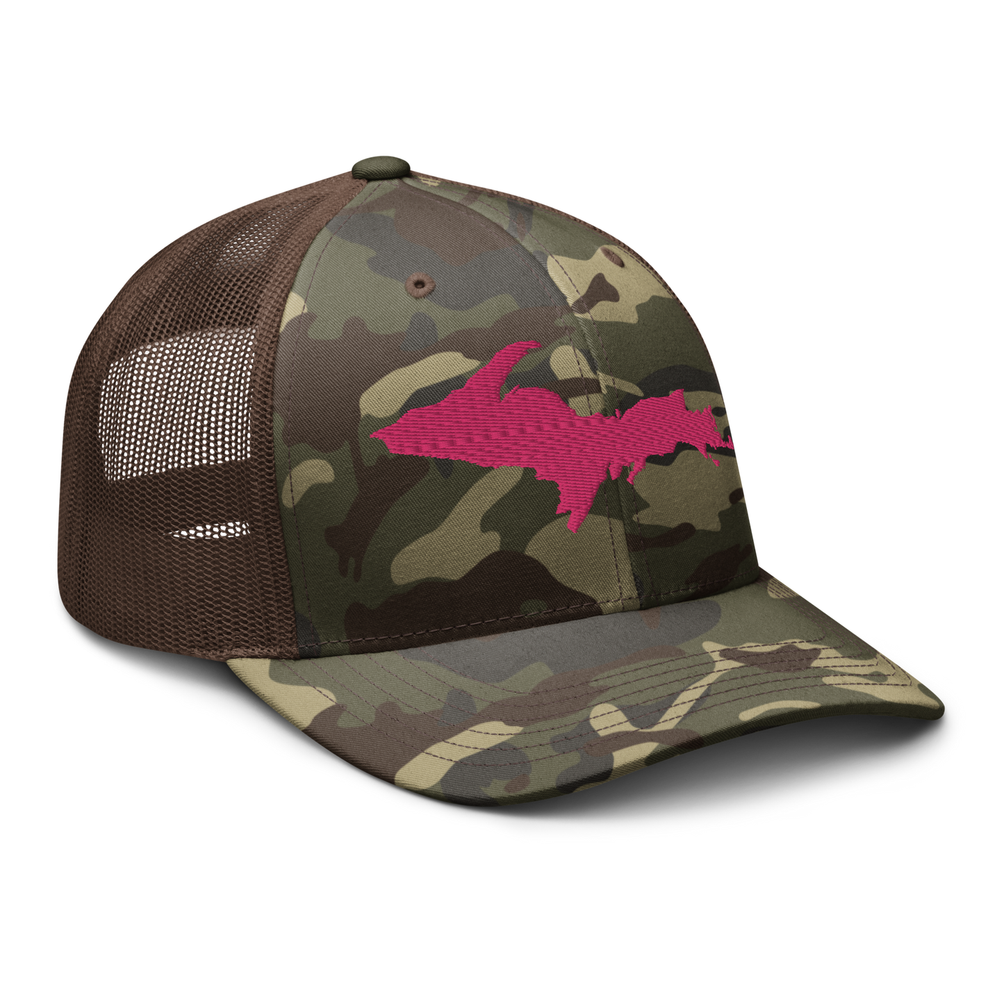 Michigan Upper Peninsula Camo Trucker Hat (w/ Pink UP Outline)