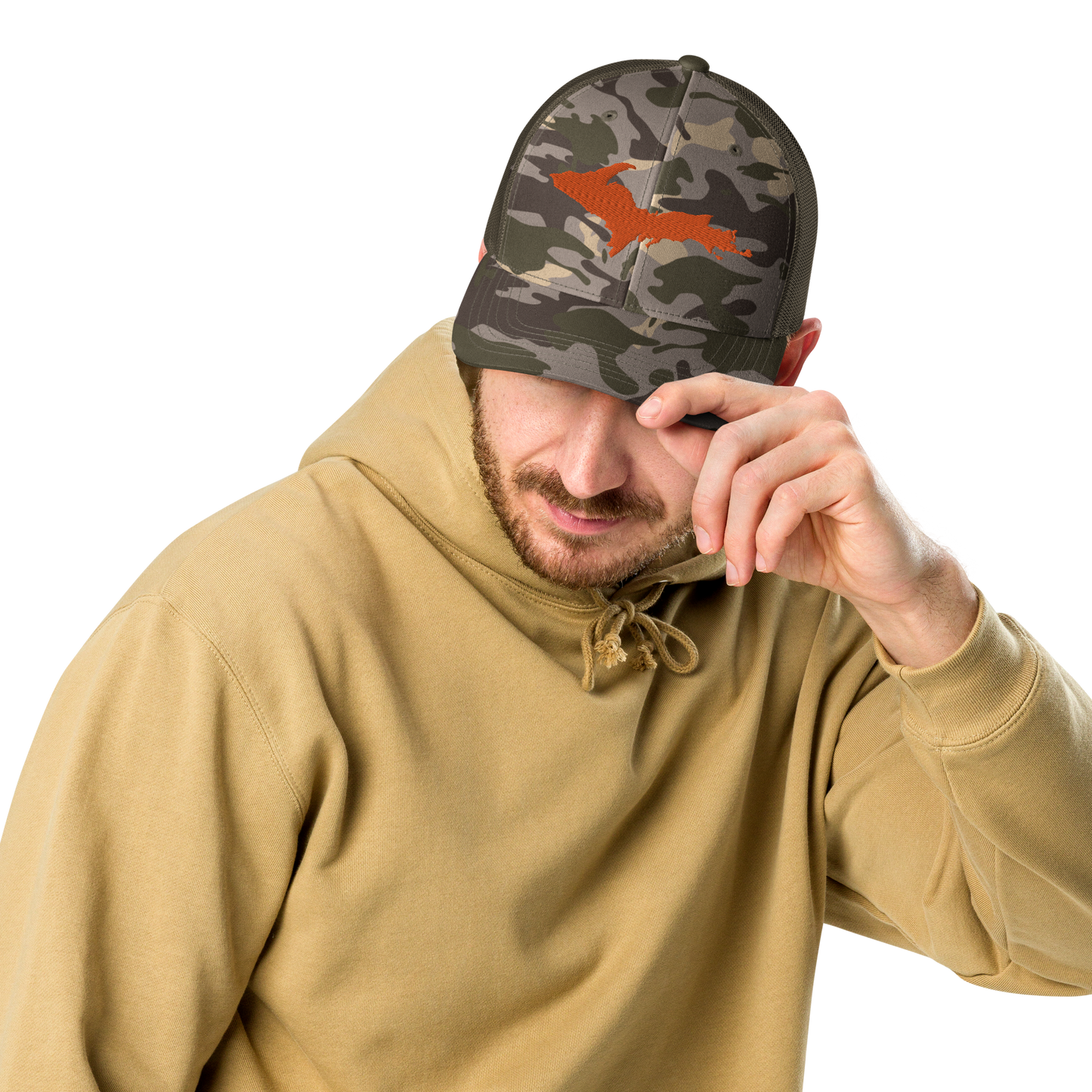 Michigan Upper Peninsula Camo Trucker Hat (w/ Orange UP Outline)