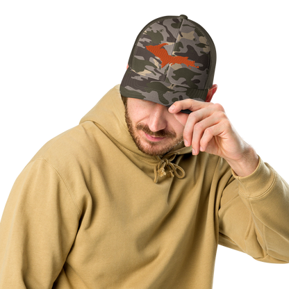 Michigan Upper Peninsula Camo Trucker Hat (w/ Orange UP Outline)