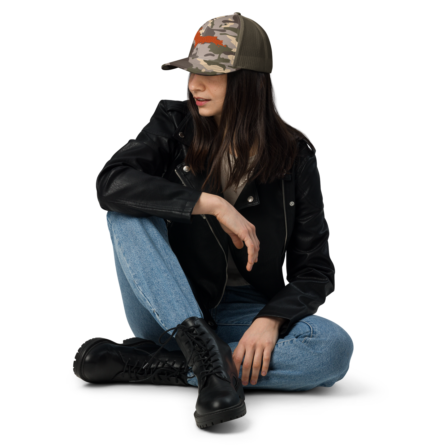 Michigan Upper Peninsula Camo Trucker Hat (w/ Orange UP Outline)