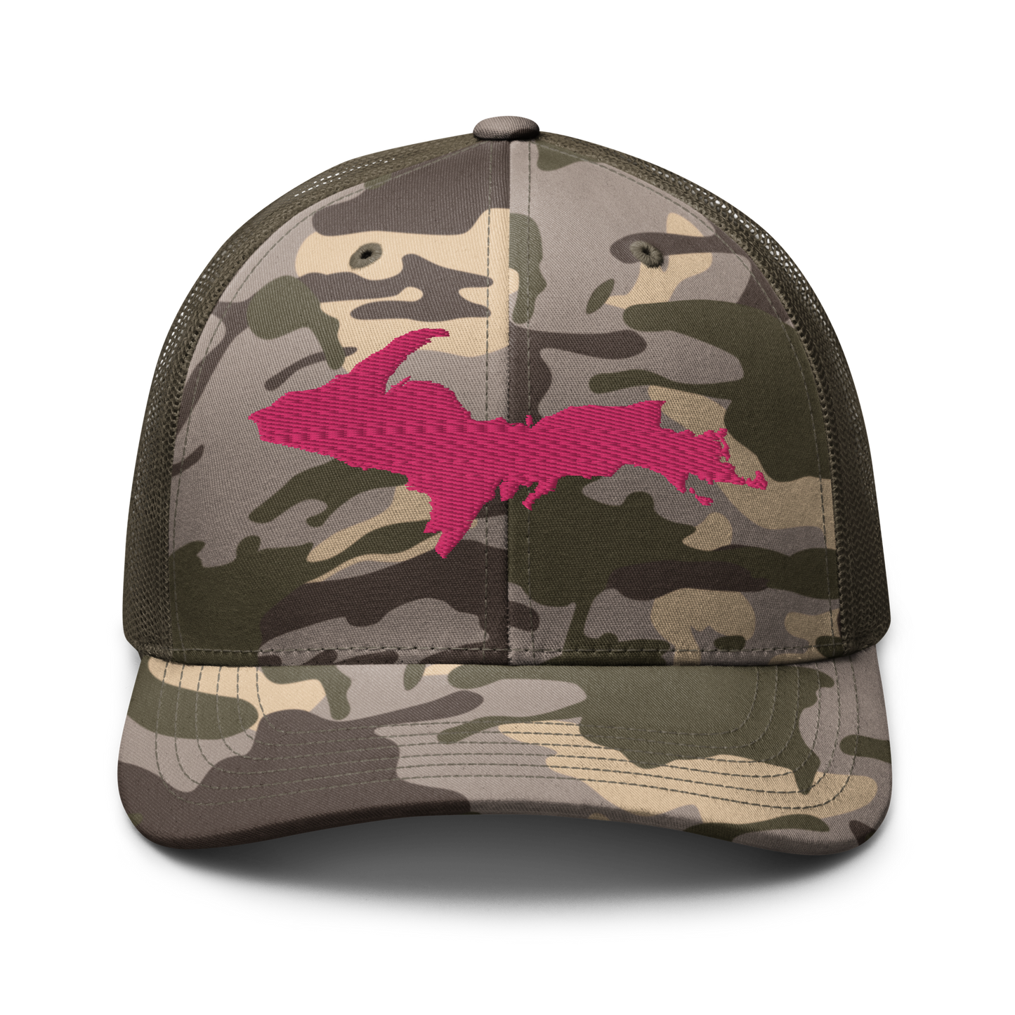 Michigan Upper Peninsula Camo Trucker Hat (w/ Pink UP Outline)