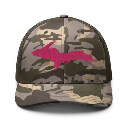 Michigan Upper Peninsula Camo Trucker Hat (w/ Pink UP Outline)