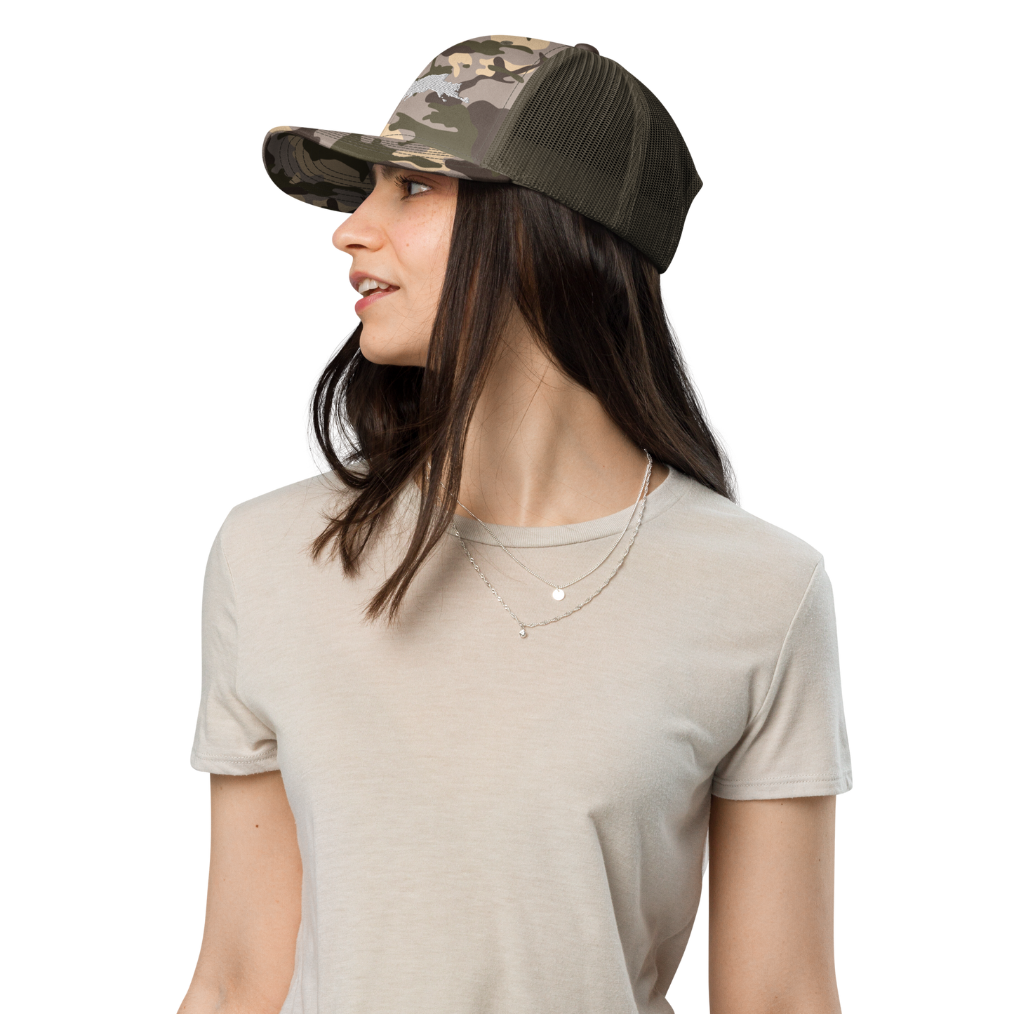 Michigan Upper Peninsula Camo Trucker Hat (w/ UP Outline)