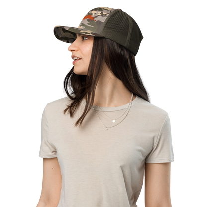 Michigan Upper Peninsula Camo Trucker Hat (w/ Orange UP Outline)