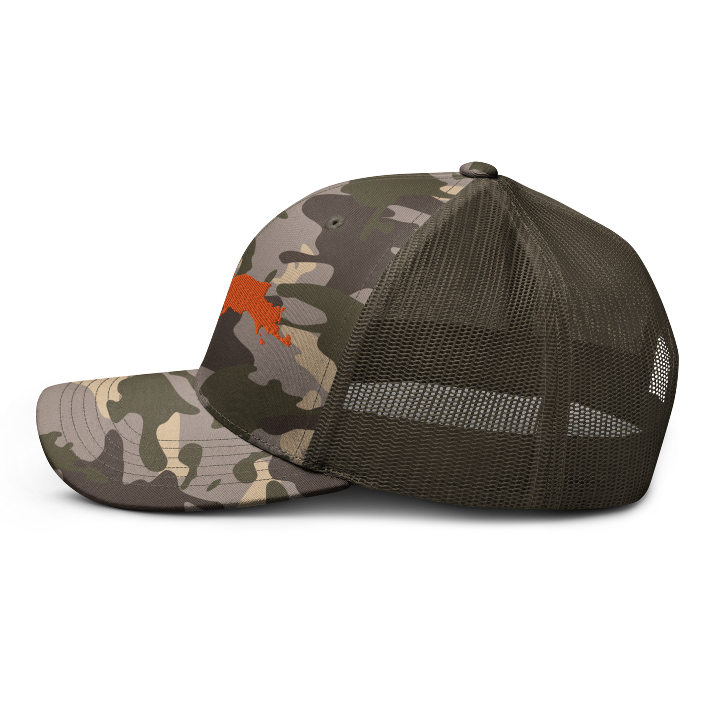 Michigan Upper Peninsula Camo Trucker Hat (w/ Orange UP Outline)