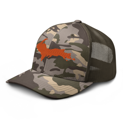 Michigan Upper Peninsula Camo Trucker Hat (w/ Orange UP Outline)