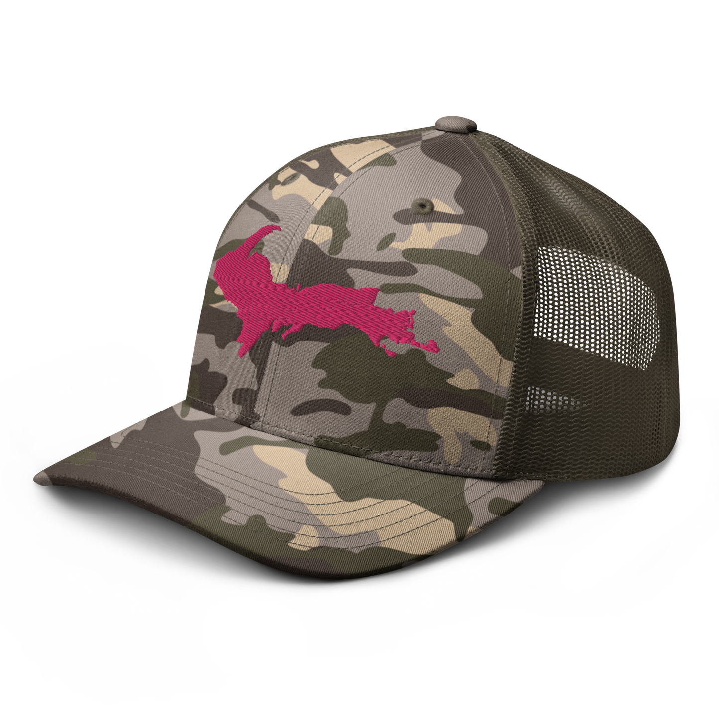 Michigan Upper Peninsula Camo Trucker Hat (w/ Pink UP Outline)