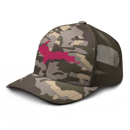 Michigan Upper Peninsula Camo Trucker Hat (w/ Pink UP Outline)