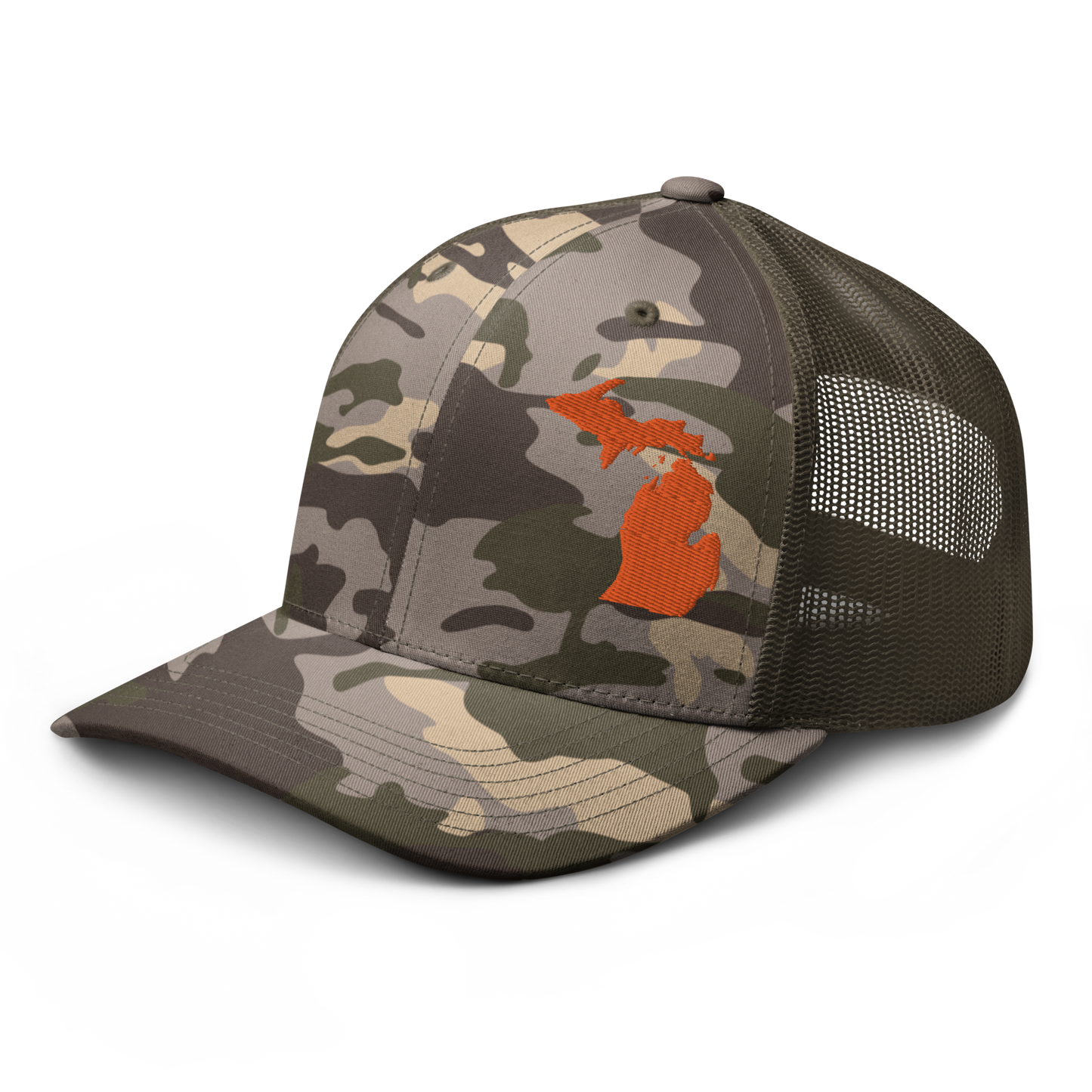 Michigan Camo Trucker Hat | Orange Outline