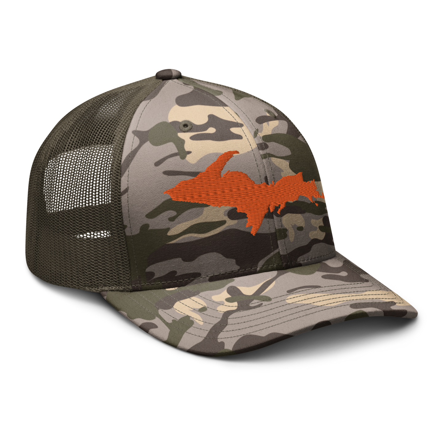 Michigan Upper Peninsula Camo Trucker Hat (w/ Orange UP Outline)