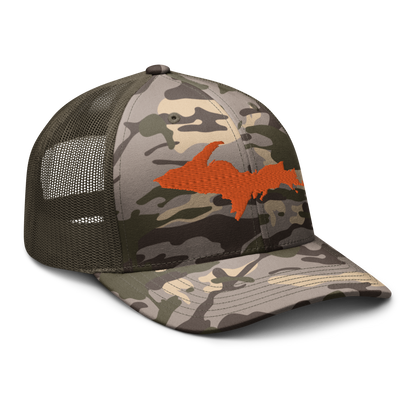 Michigan Upper Peninsula Camo Trucker Hat (w/ Orange UP Outline)