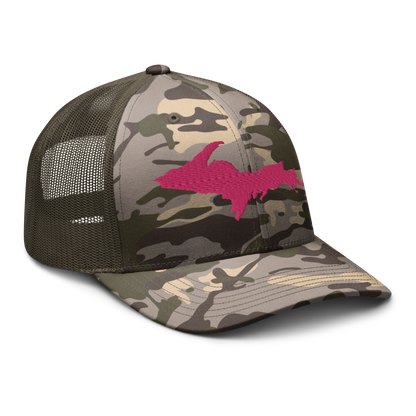 Michigan Upper Peninsula Camo Trucker Hat (w/ Pink UP Outline)