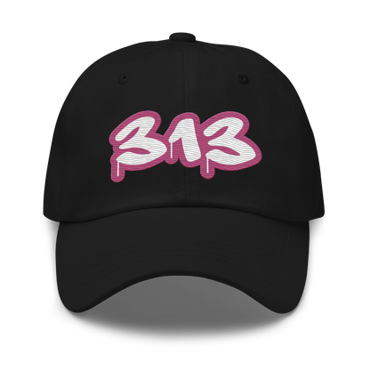 Detroit '313' Dad Hat (Apple Blossom Pink Tag Font)