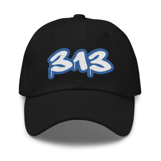 Detroit '313' Dad Hat (Motor Town Blue Tag Font)