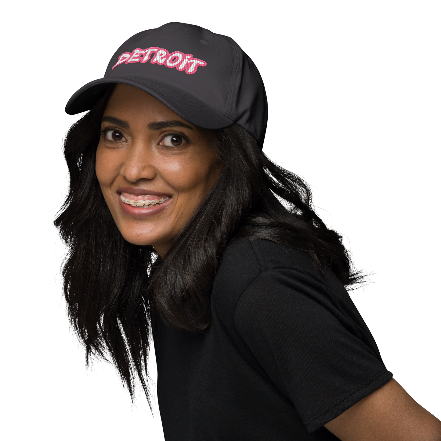 'Detroit' Dad Hat (Rhodochrosite Pink Tag Font)