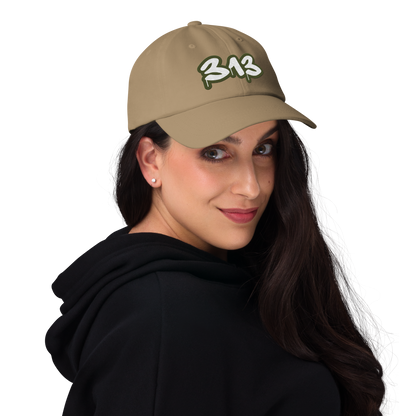 Detroit '313' Dad Hat (Army Green Tag Font)