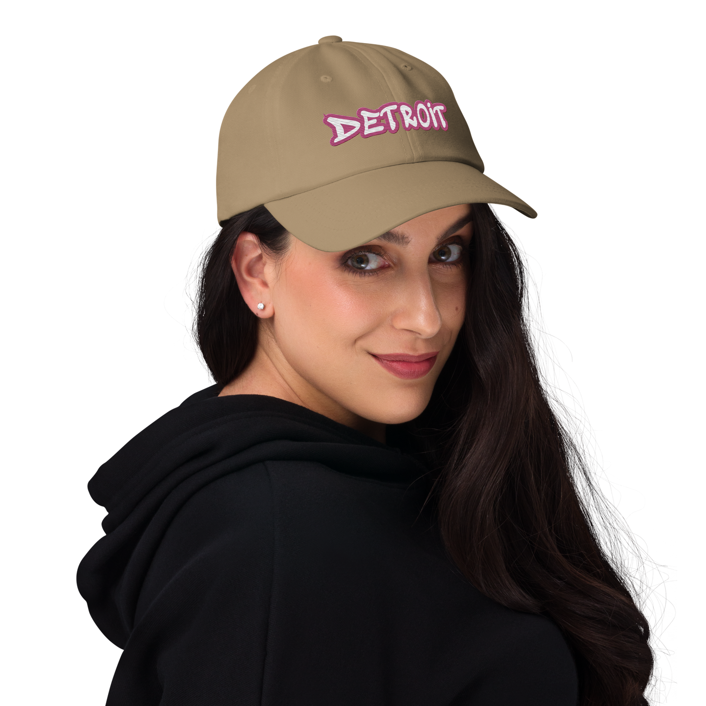 'Detroit' Dad Hat (Apple Blossom Pink Tag Font)