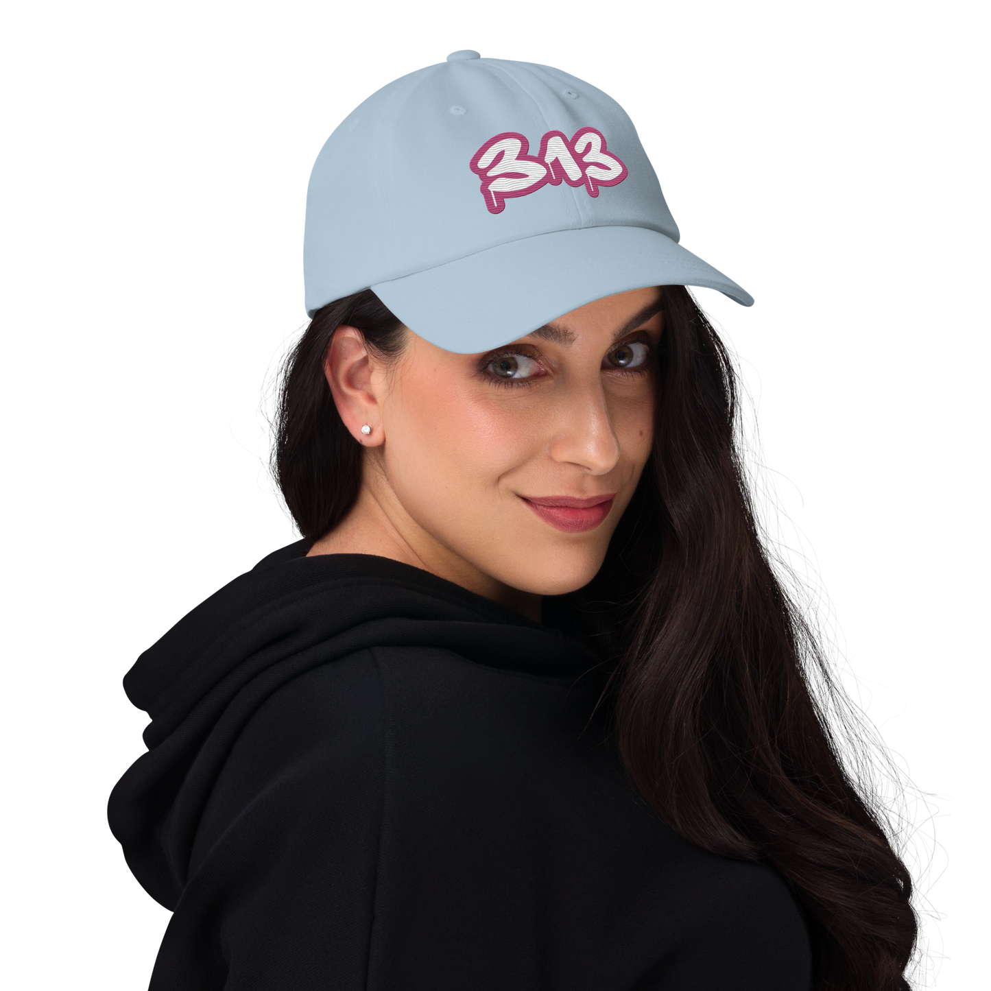 Detroit '313' Dad Hat (Apple Blossom Pink Tag Font)