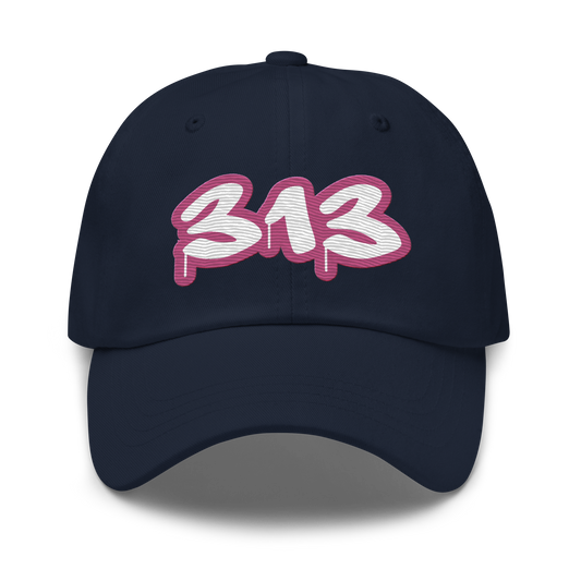 Detroit '313' Dad Hat (Apple Blossom Pink Tag Font)