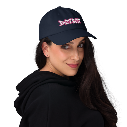 'Detroit' Dad Hat (Apple Blossom Pink Tag Font)