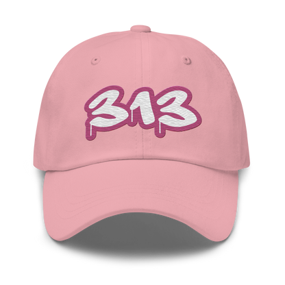 Detroit '313' Dad Hat (Apple Blossom Pink Tag Font)