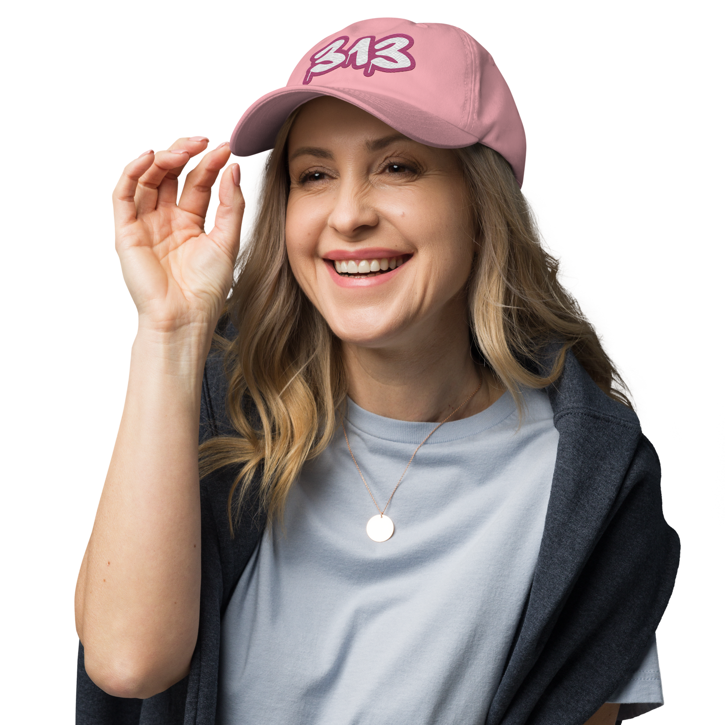 Detroit '313' Dad Hat (Apple Blossom Pink Tag Font)