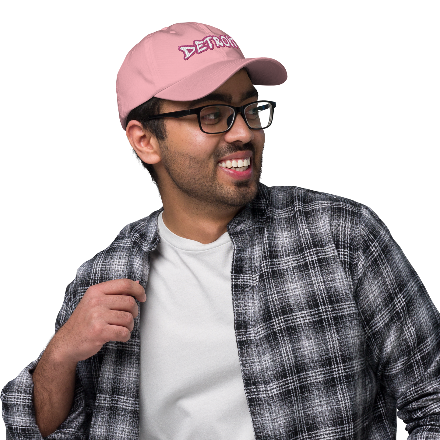 'Detroit' Dad Hat (Apple Blossom Pink Tag Font)