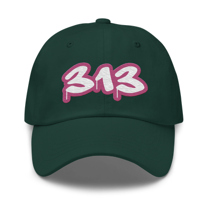 Detroit '313' Dad Hat (Apple Blossom Pink Tag Font)