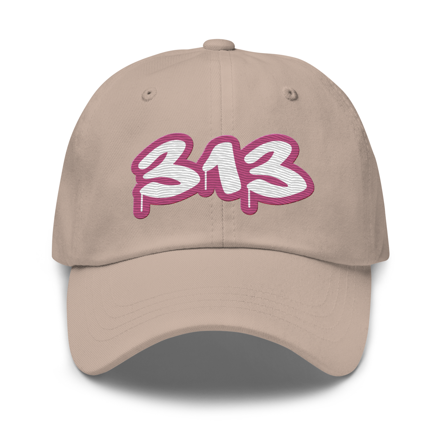 Detroit '313' Dad Hat (Apple Blossom Pink Tag Font)