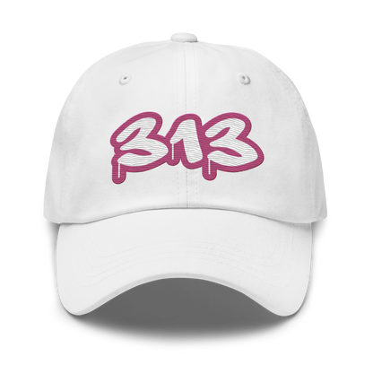 Detroit '313' Dad Hat (Apple Blossom Pink Tag Font)