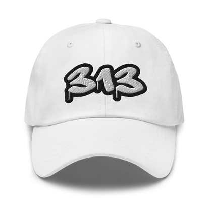 Detroit '313' Dad Hat (White/Black Tag Font)