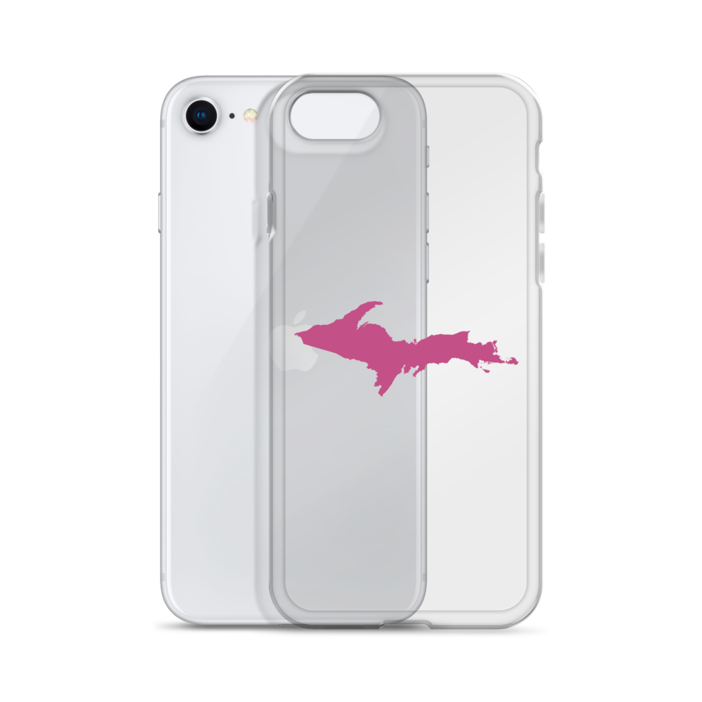 Michigan Upper Peninsula Clear iPhone Case (w/ Apple Blossom Pink UP Outline)