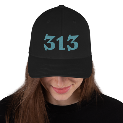 Detroit '313' Fitted Baseball Cap (Angry Font) | Huron Blue