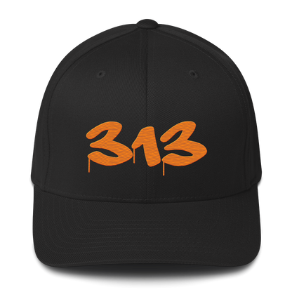 Detroit '313' Fitted Baseball Cap (Tag Font) | Orange