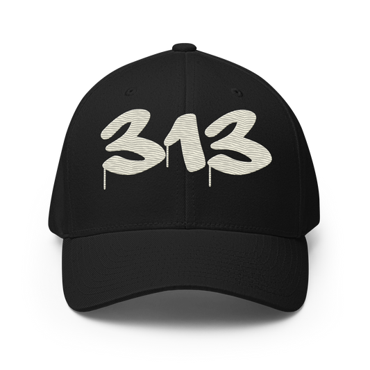 Detroit '313' Fitted Baseball Cap (Tag Font) | Ivory White