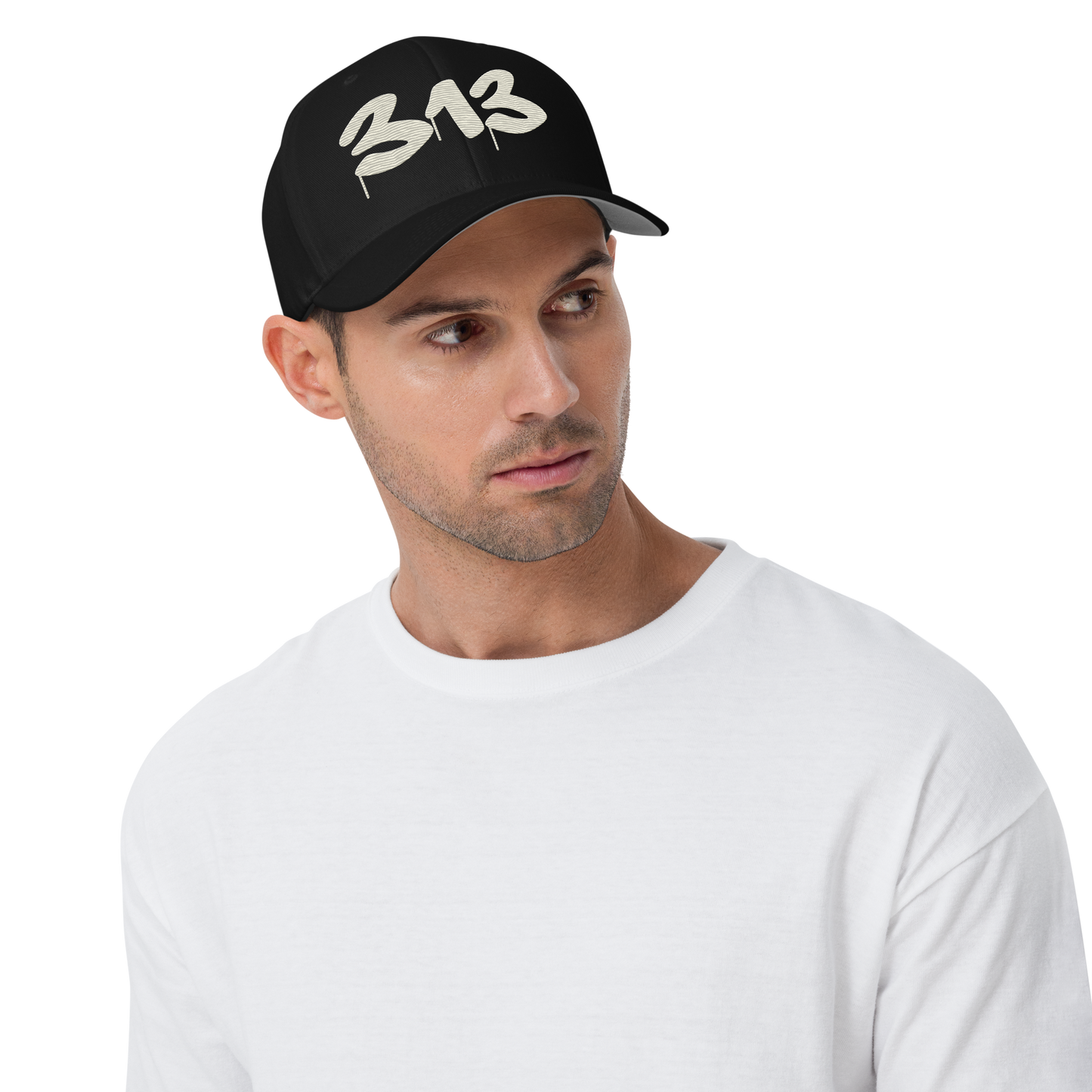 Detroit '313' Fitted Baseball Cap (Tag Font) | Ivory White