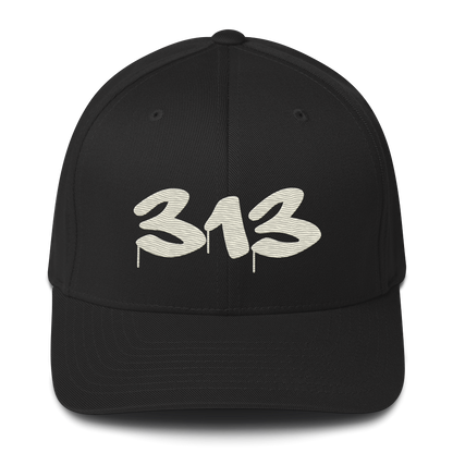 Detroit '313' Fitted Baseball Cap (Tag Font) | Ivory White