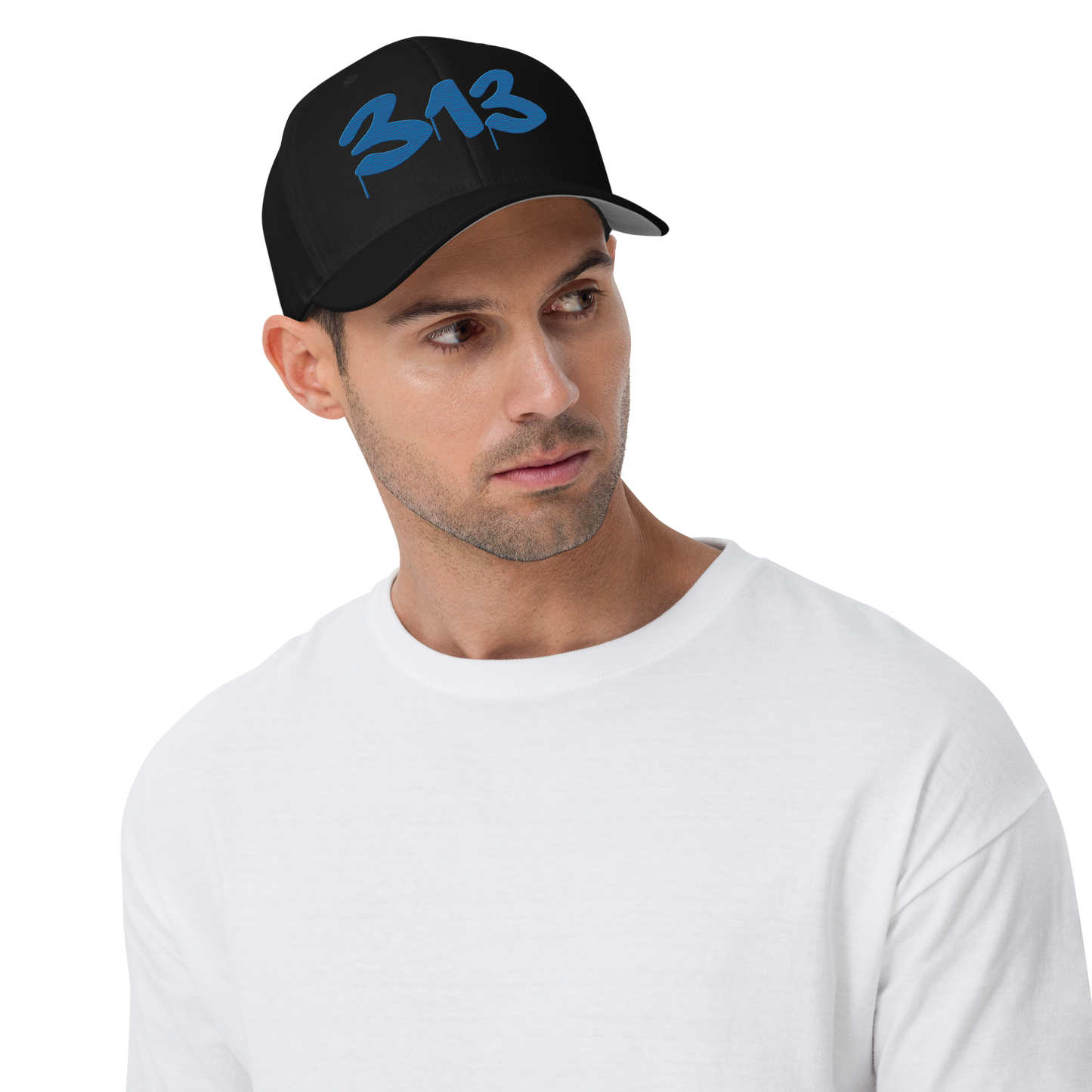 Detroit '313' Fitted Baseball Cap (Tag Font) | Azure