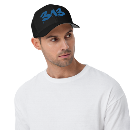 Detroit '313' Fitted Baseball Cap (Tag Font) | Azure