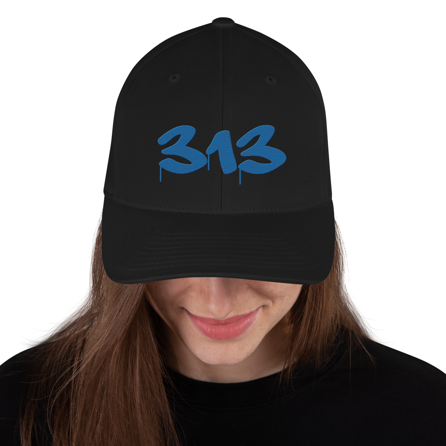 Detroit '313' Fitted Baseball Cap (Tag Font) | Azure