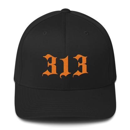 Detroit '313' Fitted Baseball Cap (Old English) | Orange