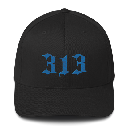 Detroit '313' Fitted Baseball Cap (Old English) | Azure