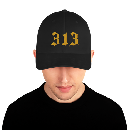 Detroit '313' Fitted Baseball Cap (Old English) | Gold